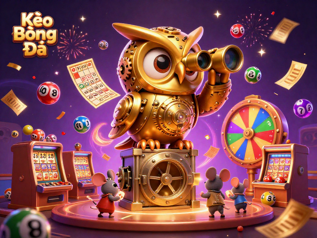 Kèo Bóng Đá betting strategies unfold in a whimsical casino scene brimming with excitement and colorful lottery elements.
