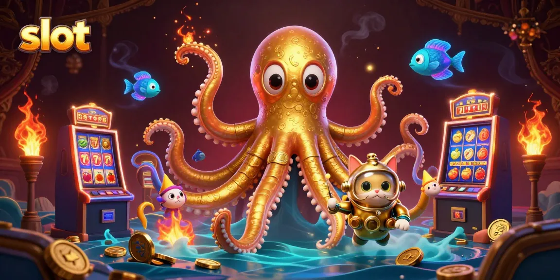Spin the slot machines while uncovering treasures with kraken and diving cat in vibrant 3D