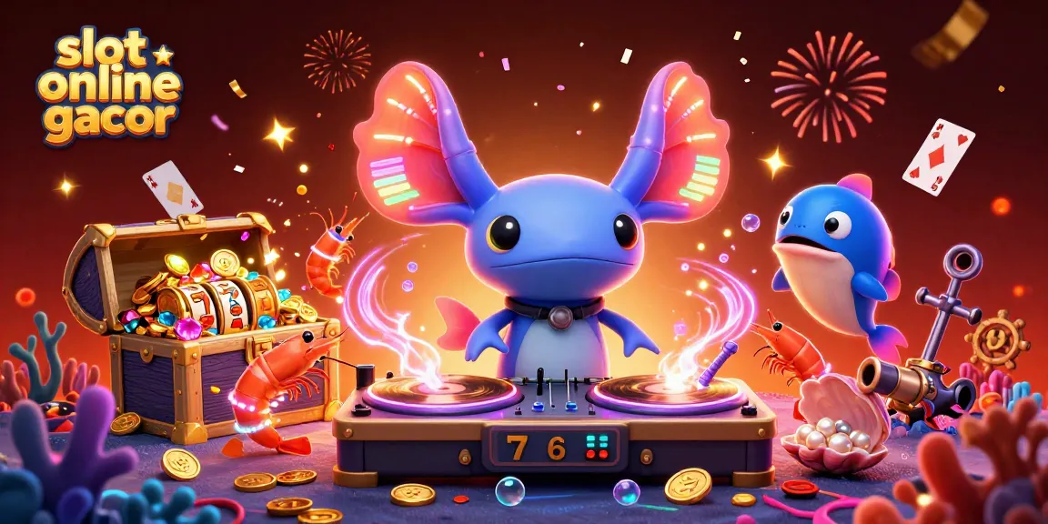 Permainan slot online gacor dengan DJ axolotl neon berputar rekaman emas dikelilingi karakter laut yang ceria.