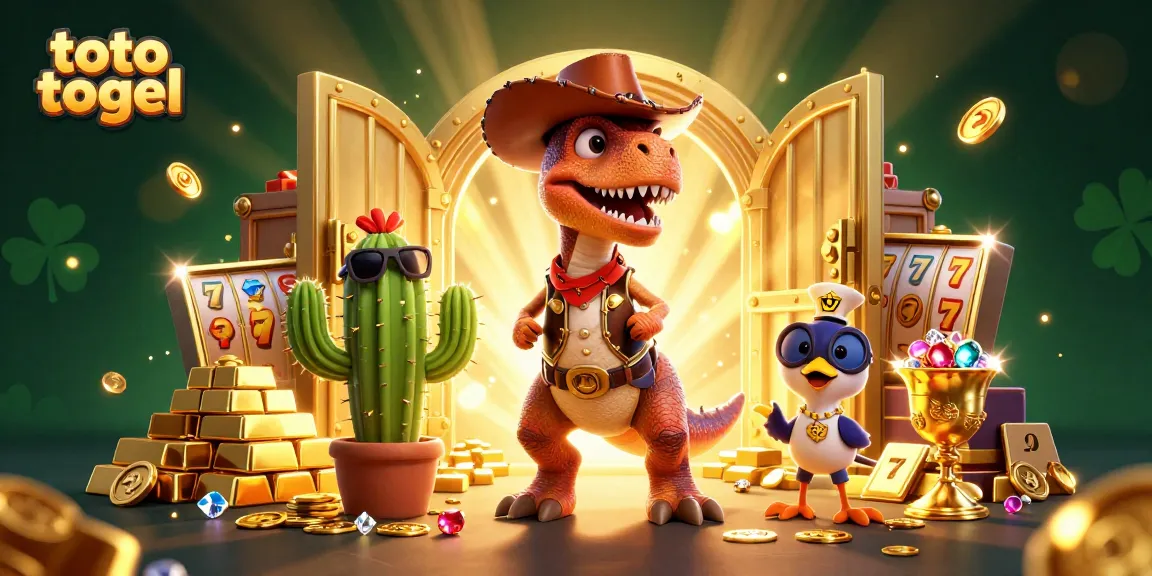 Menangkan toto togel dengan ilustrasi dinamis karakter dino dan slot yang cerah.