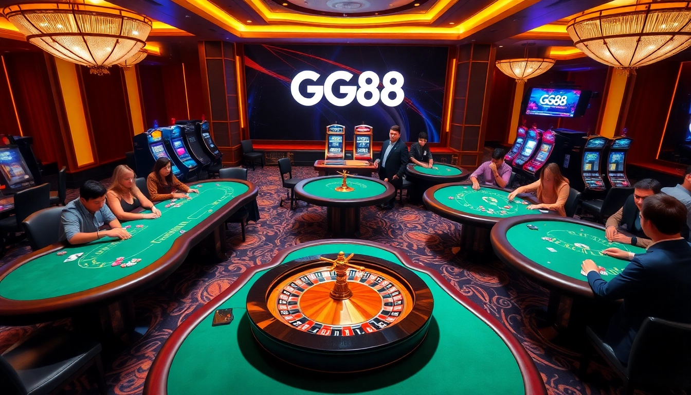 GG88 players eagerly engage at luxury casino tables with vibrant lights and roulette.