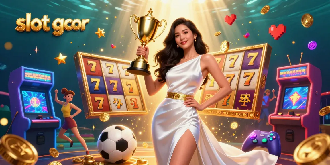 Experience slot gacor with a stunning illustration of a victorious Asian woman celebrating among vibrant slot machine elements.