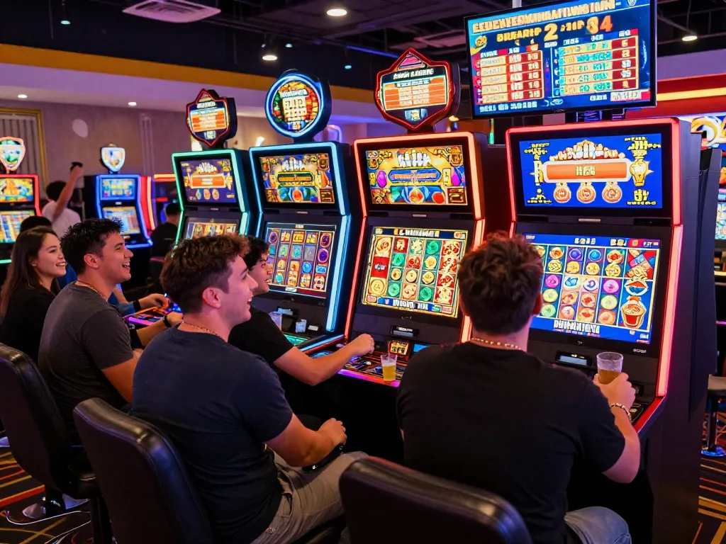 Players enjoying slot games at BIUSTOTO's vibrant online casino atmosphere with illuminated machines.