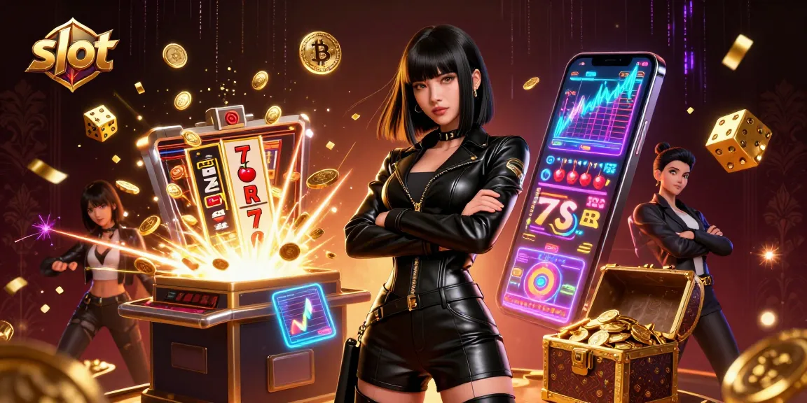 Spin the slot machine with a stunning Asian woman amid neon lights and golden coins in a vibrant casino.