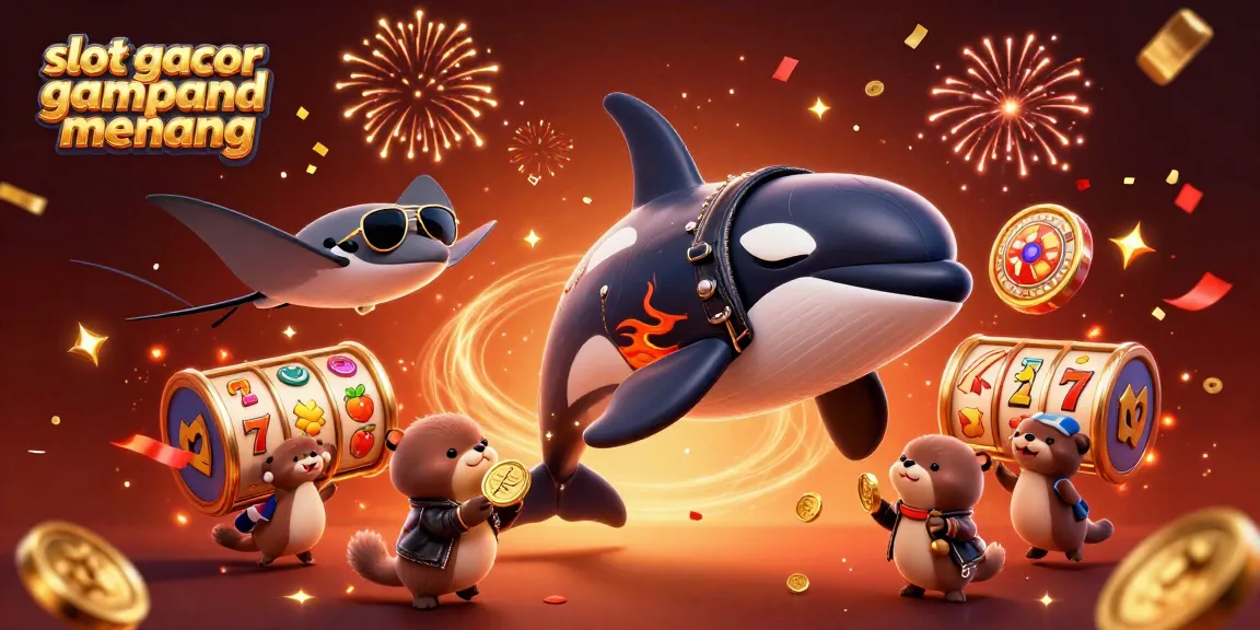 Experience the excitement with slot gacor gampang menang as the orca and otters celebrate with golden coins at a vibrant casino scene.