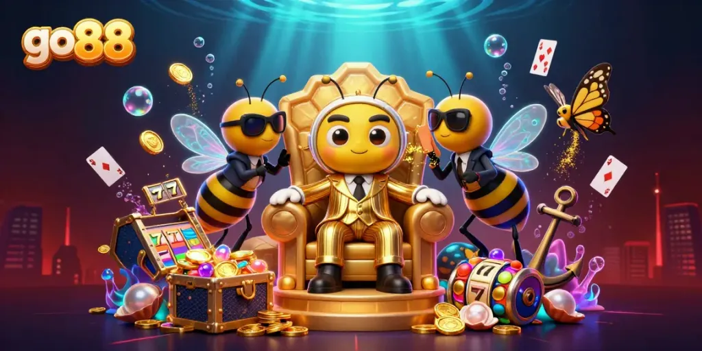 Experience the dynamic energy of go 88 with a buzzing casino scene featuring a bumblebee mob boss and vibrant game elements.