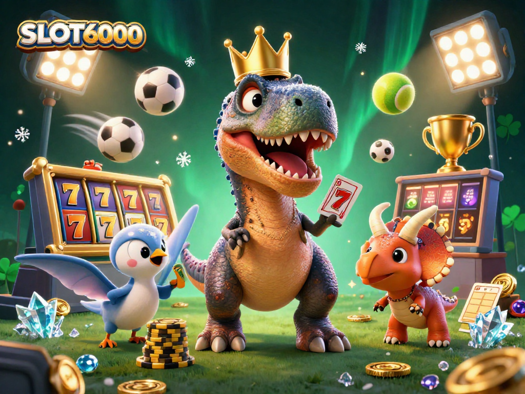 SLOT6000 offers slots excitement with a fun T-Rex dealing cards and a triceratops stacking chips!