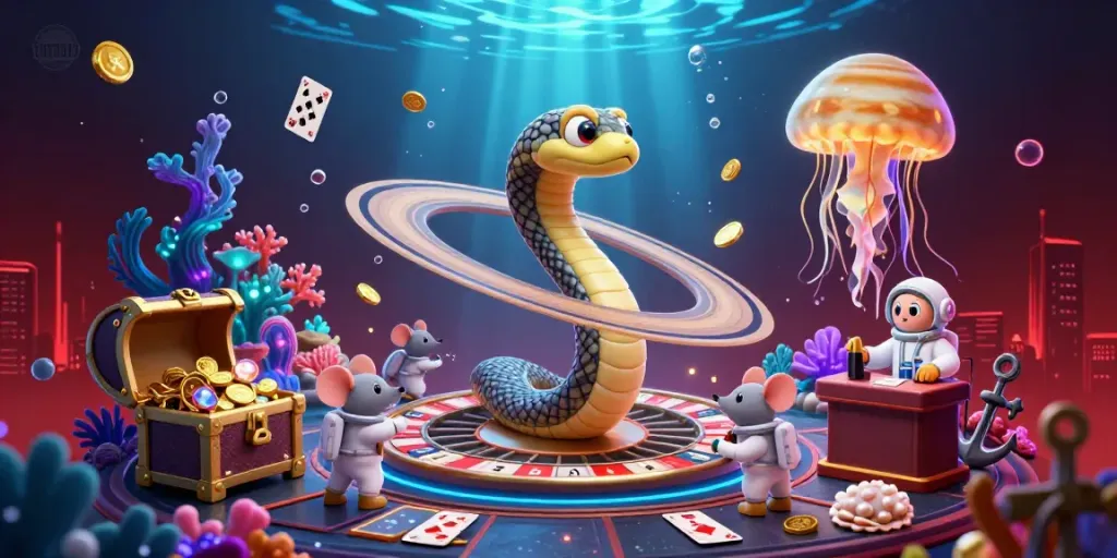 TUTITOTO roulette scene with astronaut mice betting, set against a cosmic casino backdrop.
