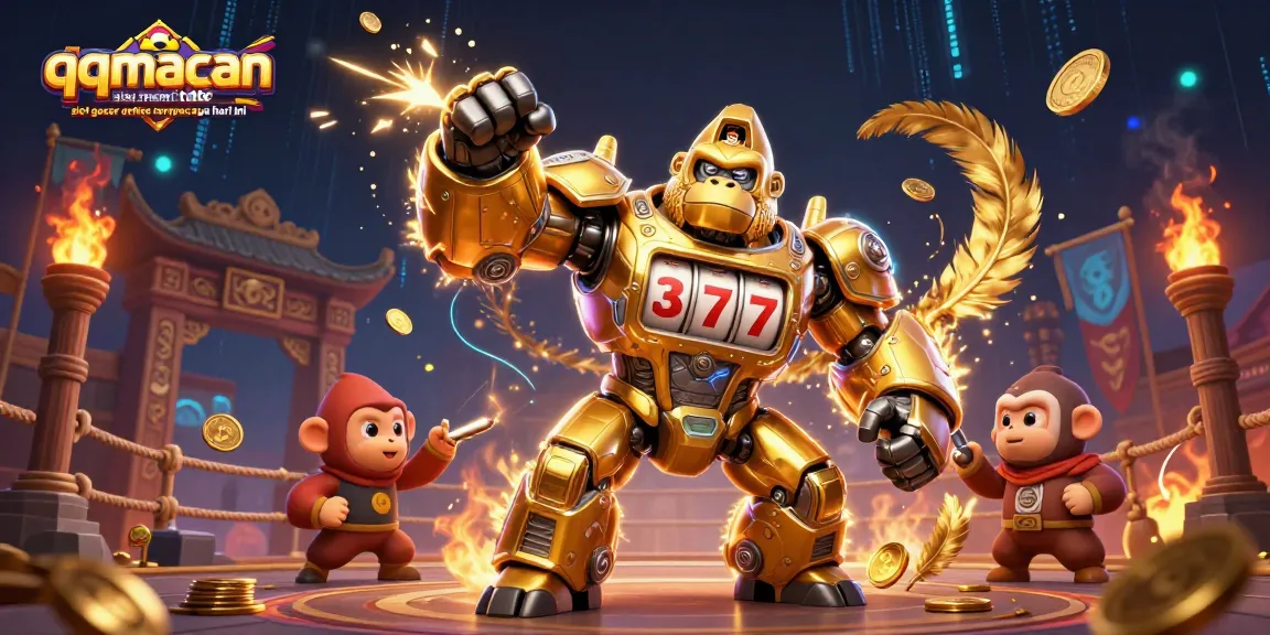 Engage with qqmacan situs resmi toto slot gacor online terpercaya hari ini, featuring a dynamic gambling scene with a golden gorilla mec