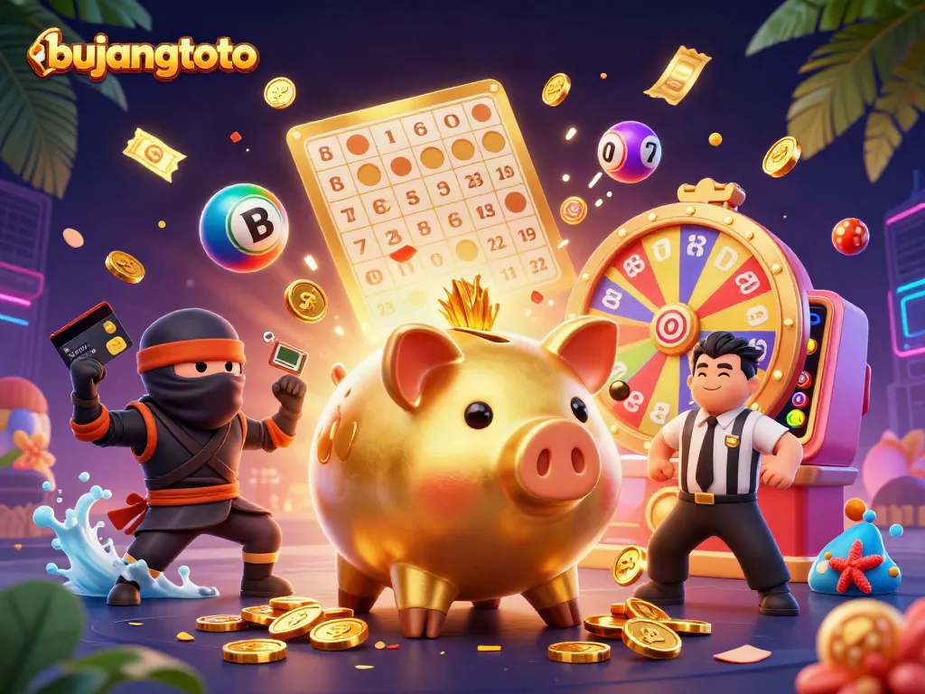 Experience the thrill of bujangtoto with characters celebrating winnings amidst dynamic lottery elements.