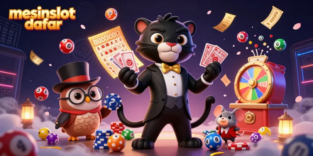 Experience the excitement of mesinslot daftar with vibrant casino characters and lively game elements in this illustration.