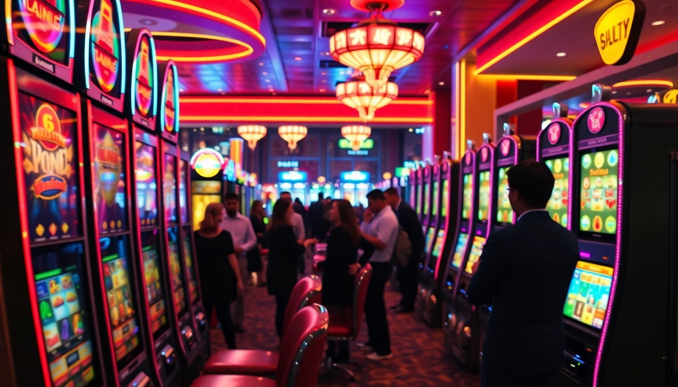 Menangkan slot di mesin permainan kasino dengan lampu neon yang mengesankan.