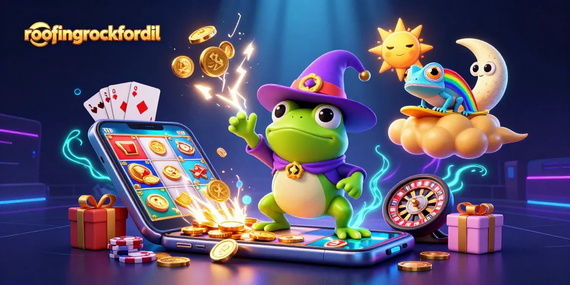 Engage with roofingrockfordil through a vibrant casino scene showcasing a wizard frog and chameleon amid golden storms.