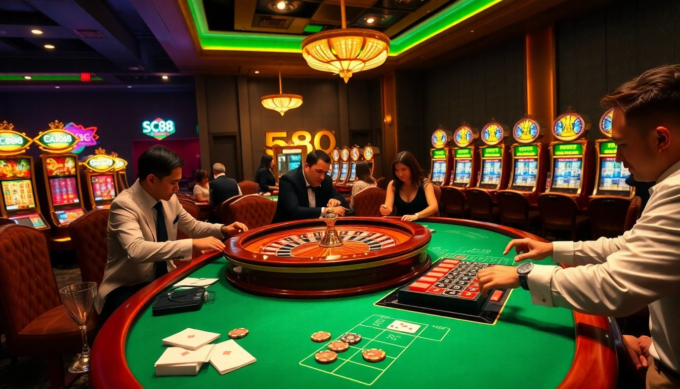 Exciting gameplay at SC88-themed casino table with poker chips and roulette.