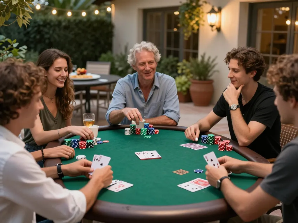 Friends enjoy a lively poker night at home, showcasing strategic play with luckywinzdev style.