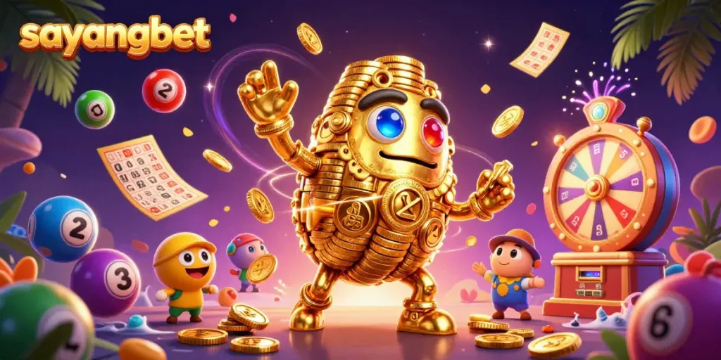 Spin the reels with sayangbet's vibrant golden golem surrounded by colorful lottery elements.