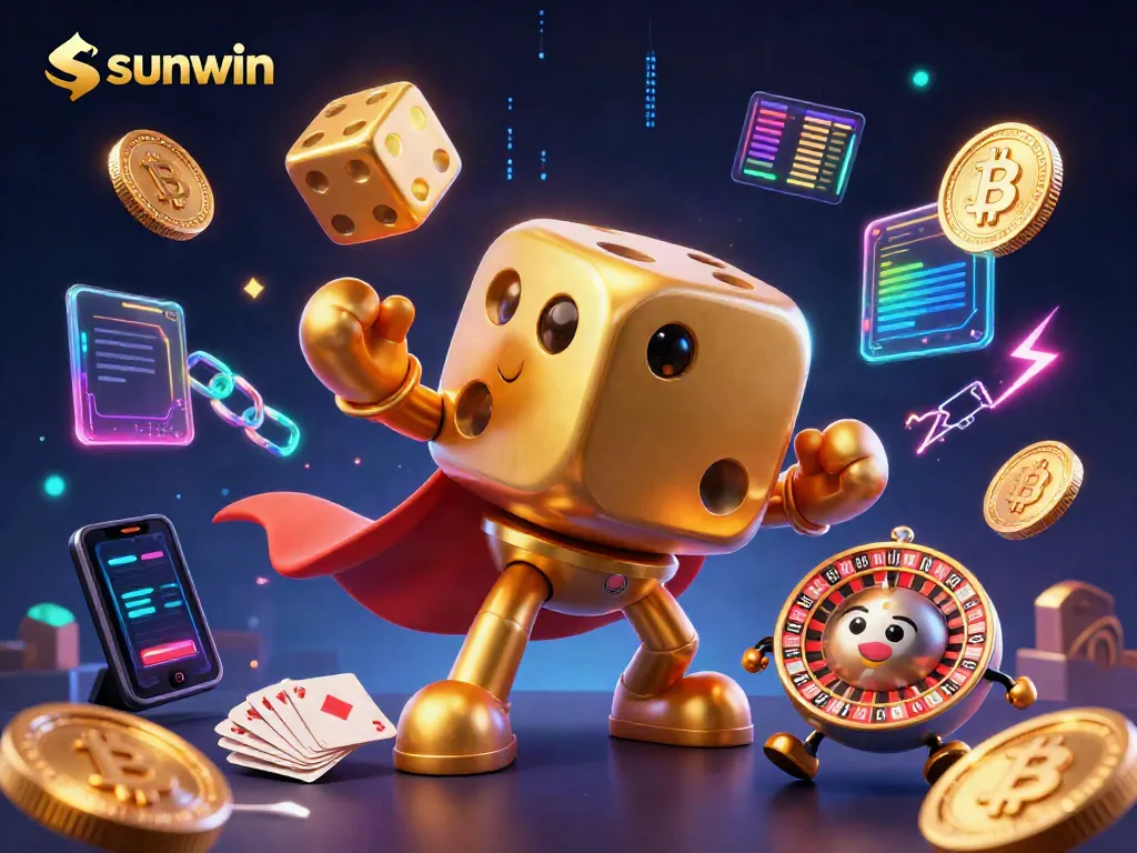 Experience thrilling gameplay at Sunwin with vibrant golden dice, blockchain elements, and dynamic energy effects.
