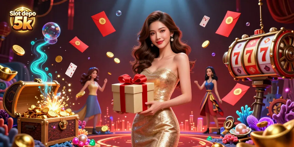 Engage in a thrilling slot depo 5k experience with vibrant visuals of casino excitement and festive elements.