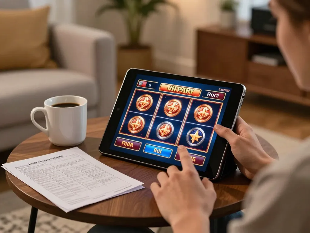 IDNSCORE online slot gaming setup in a cozy living room with strategy notes and warm lighting.