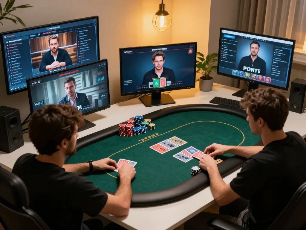 qqalfa players strategizing during an online poker game, chips and cards visible on screen.