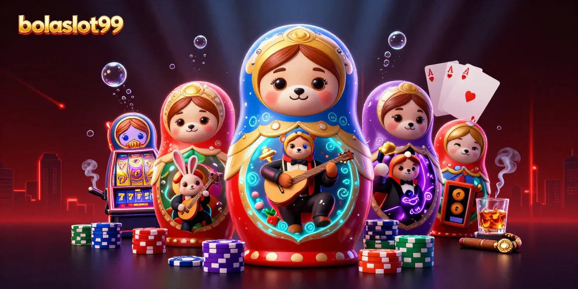 bolaslot99 showcases a vibrant casino scene with 3D characters enjoying slots and poker.