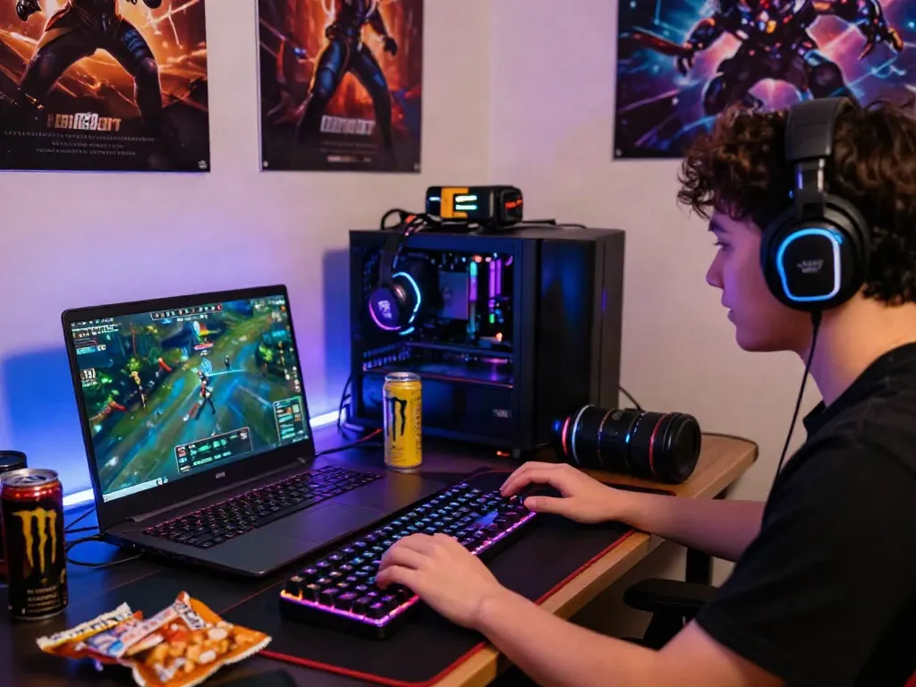 Engaged gamer immersed in a 78win online gaming experience, vibrant graphics illuminating the room.