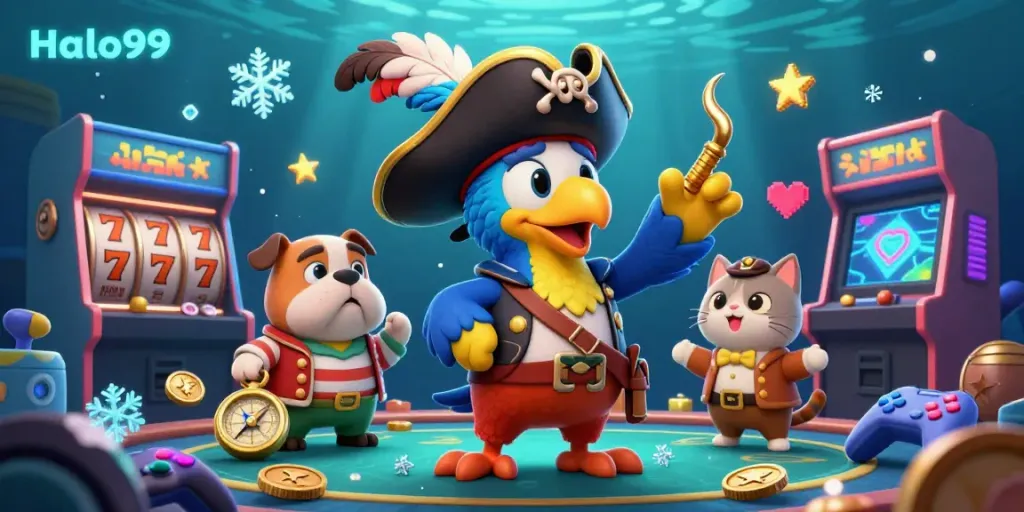 Engage with thrilling gambling action at Halo99 in this vibrant 3D pirate-themed casino illustration.