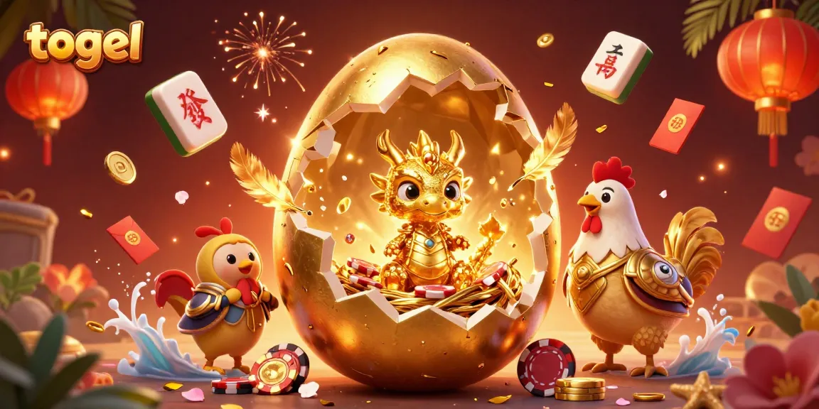 Meraih kemenangan dalam togel dengan ilustrasi 3D telur emas dan naga yang melindungi chip poker.