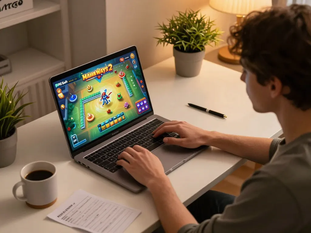 Terlibat dalam Mahjong Ways 2 dengan PG Soft di laptop dalam pengaturan permainan rumah yang nyaman.