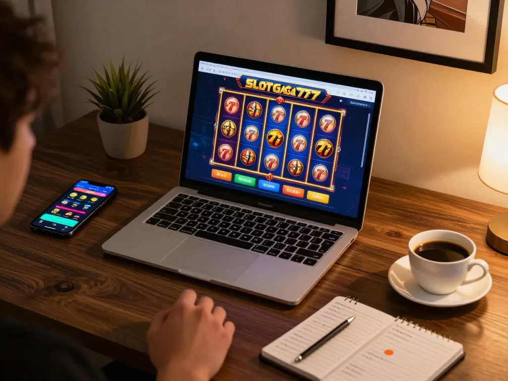 SLOT GACOR 777 gameplay on a laptop depicts an inviting online casino atmosphere.