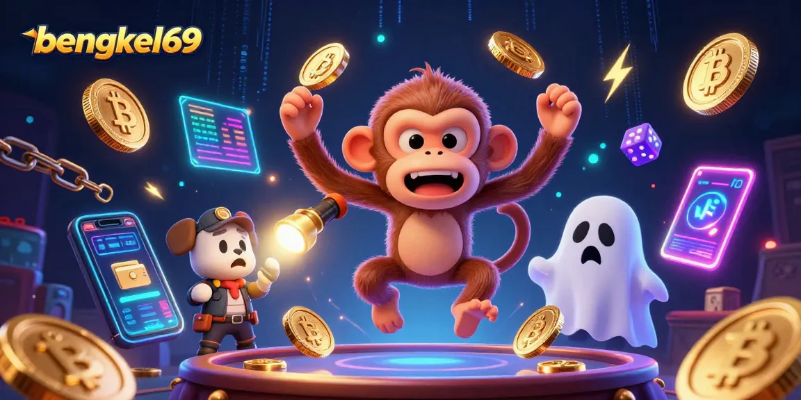 Engage with the lively scene of bengkel69 showcasing a playful monkey and puppy amidst digital casino elements.