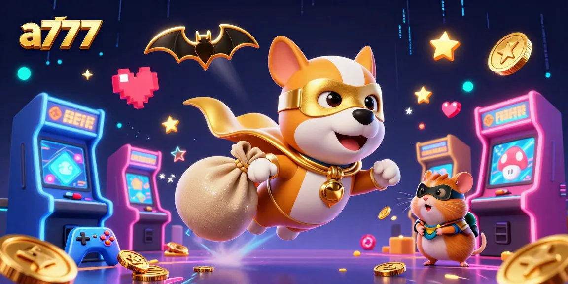 Experience thrilling gameplay with a7777 as the superhero dog flies, coins in tow amidst a colorful casino scene.