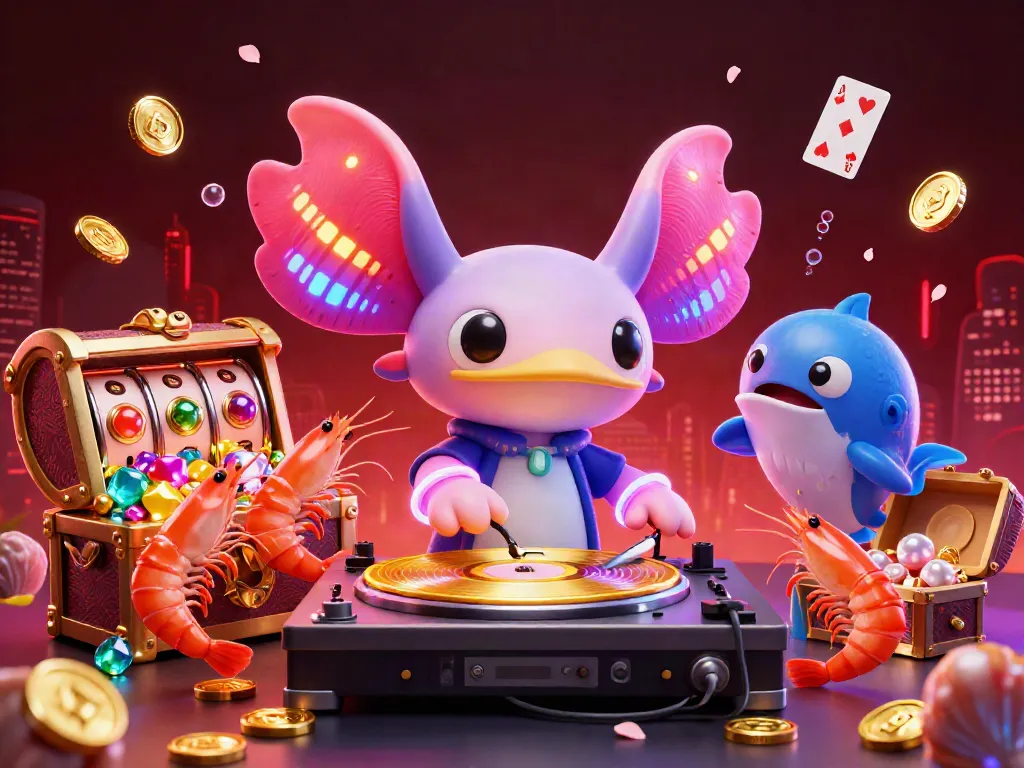 Engage with IDNSCORE as the vibrant axolotl DJ spins records in a lively underwater casino.