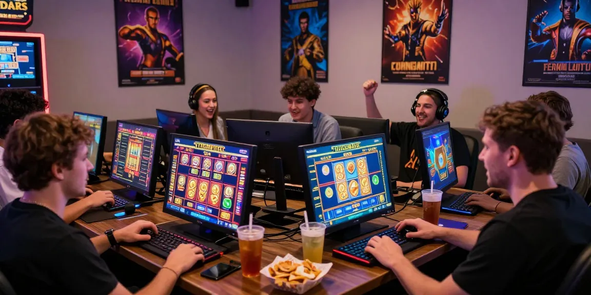 Engaged players enjoying toto slot games on multiple devices in vibrant online casino atmosphere.