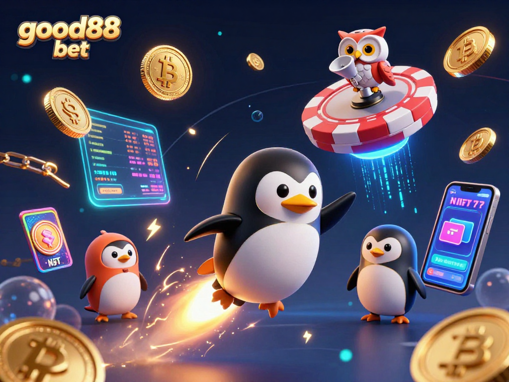 Experience thrilling action with good88 bet in this vibrant casino-themed 3D scene featuring a penguin in space.