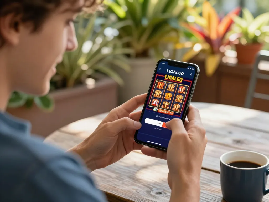 LIGALGO LOGIN showcased on smartphone during online gambling, highlighting excitement in a vibrant outdoor setting