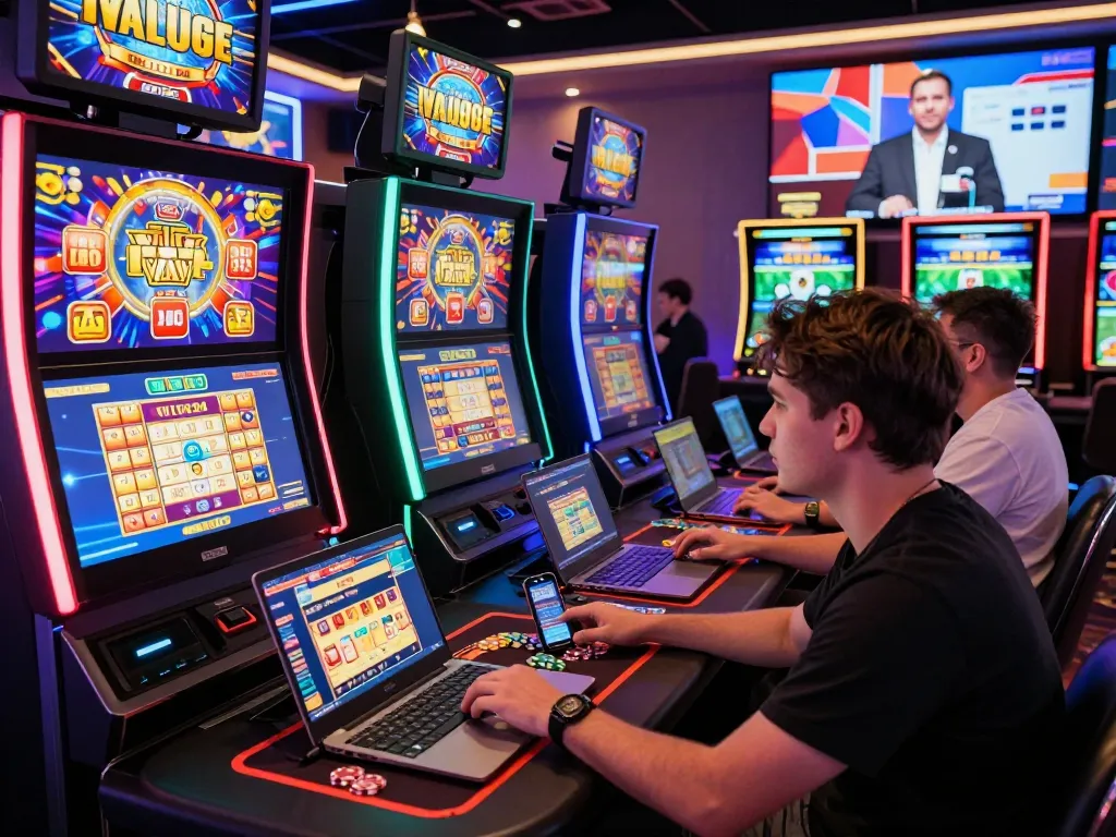 Pemain menikmati sensasi permainan online di virus88 dengan mesin slot yang berwarna-warni dan visual yang hidup.