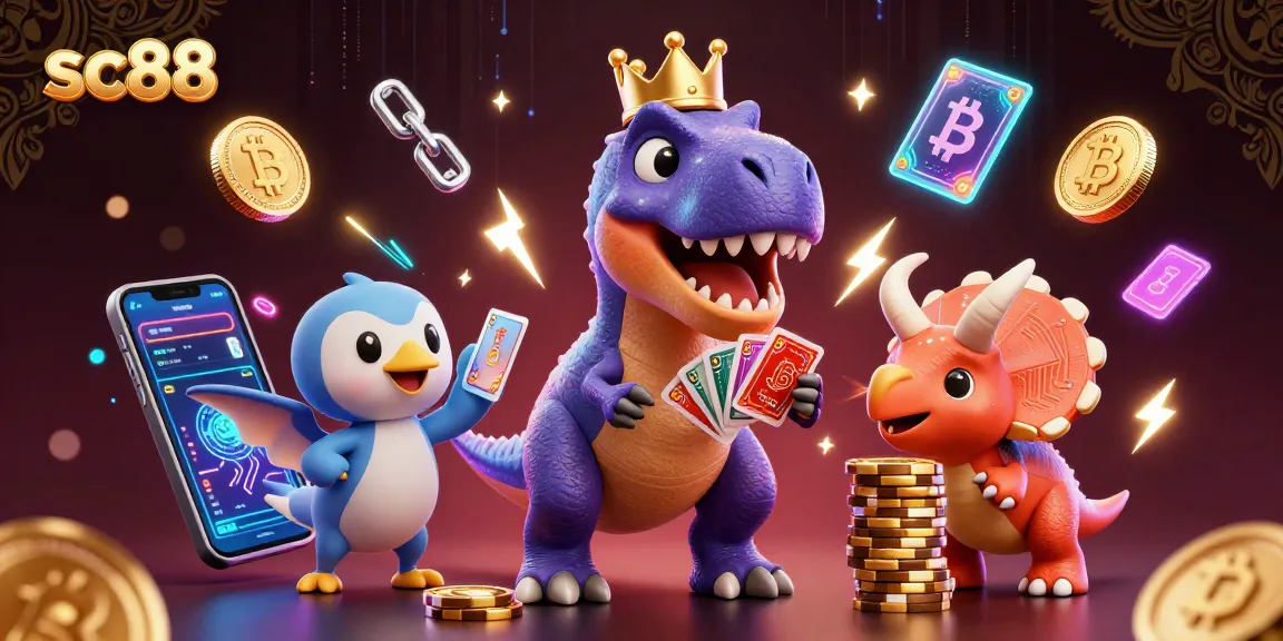 Experience thrilling casino action with SC88 in this vibrant 3D scene featuring a fun dinosaur card game.