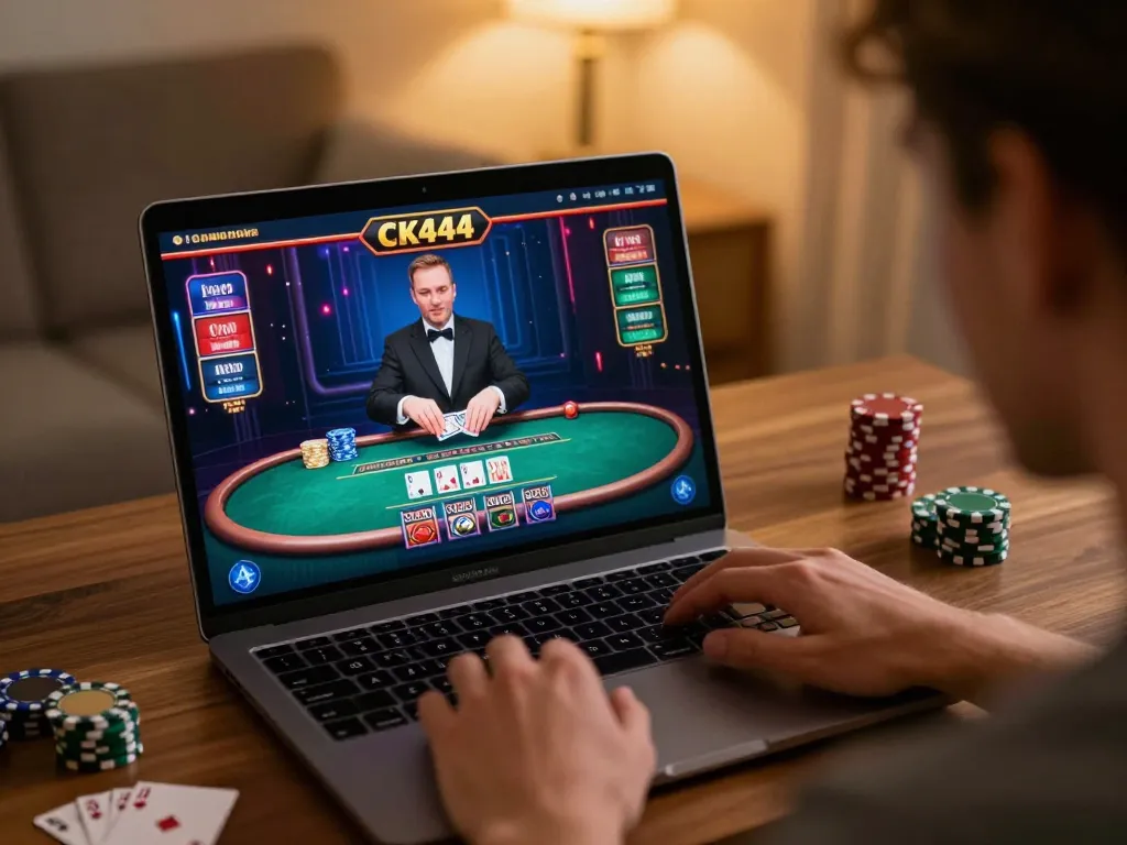 Player enjoying a thrilling live dealer game on CK444, highlighting the engaging online casino experience in a cozy home setup.