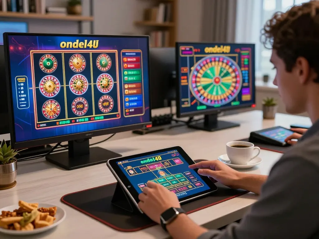 Player engaging in ondel4d online slots gameplay at a stylish home desk, focused on strategic bets.