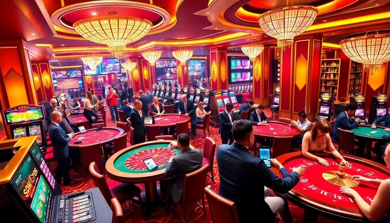 Experience the electrifying atmosphere of gambling at SV 368, featuring poker tables and vibrant slots.