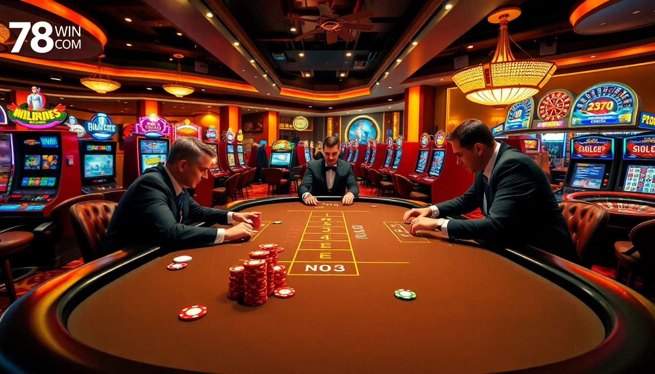 Exciting gambling scene at 78Win Com with poker action and slot machines in vibrant colors.