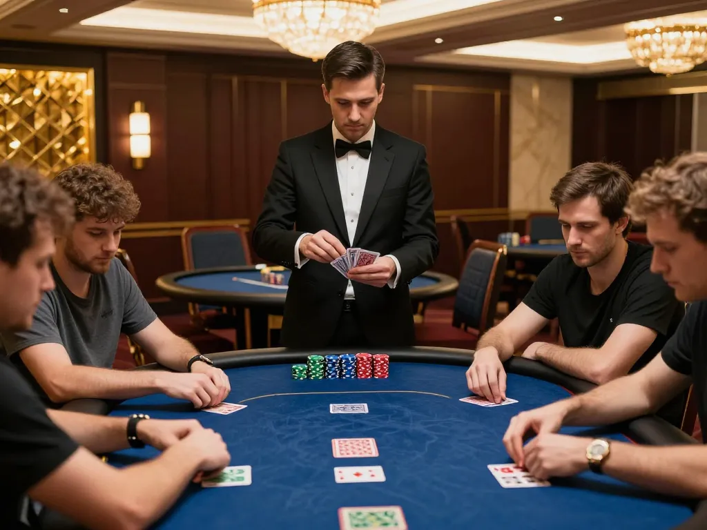 Engaged players at the Situs MPOID poker table, focusing on cards and strategy during an intense game session.
