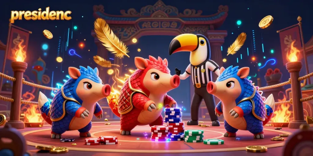 Engage at presidencc with vibrant 3D pangolins competing in a dynamic casino scene filled with poker chips.