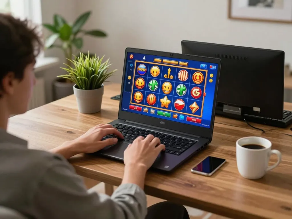 Player engaging with online slot games on 78win in a cozy home office setting, showcasing responsible gaming.