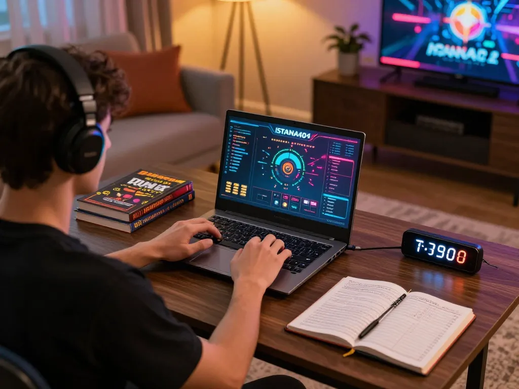 Engaged player exploring ISTANA404 online gambling interface, surrounded by strategy notes and cozy lighting.