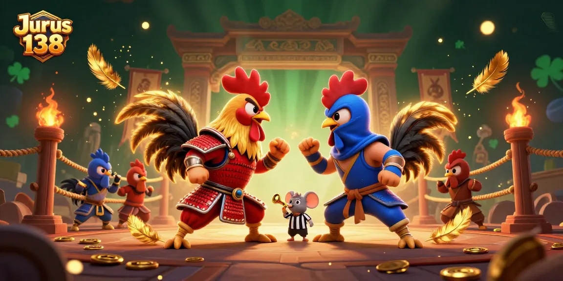 Experience thrilling action at Jurus 138 with stylized roosters in a dynamic gambling showdown.