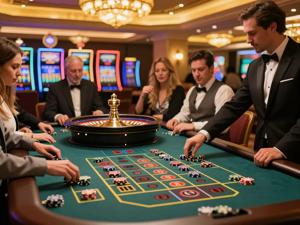IDNSCORE interactive roulette game showcasing players placing bets and croupier spinning the wheel in a vibrant casino atmosphere