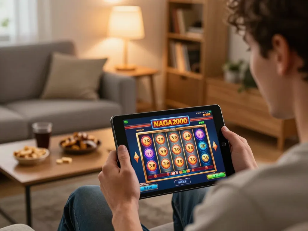 NAGA2000 player engaging with vibrant online slot game on tablet in cozy home setting.