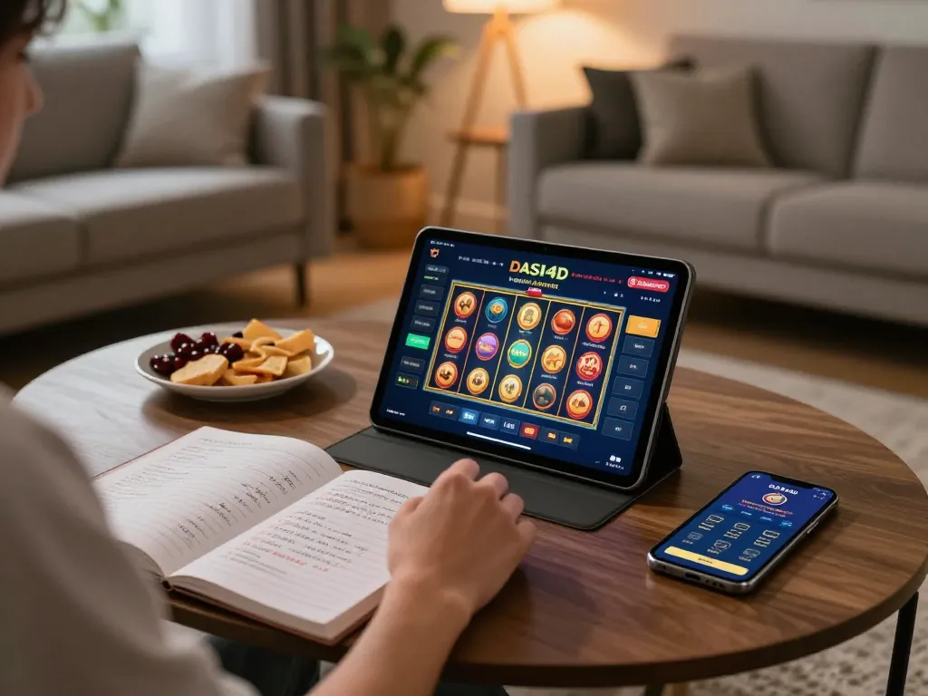 Pengaturan permainan online DASI4D yang menampilkan seseorang yang merancang strategi saat bermain permainan slot modern.